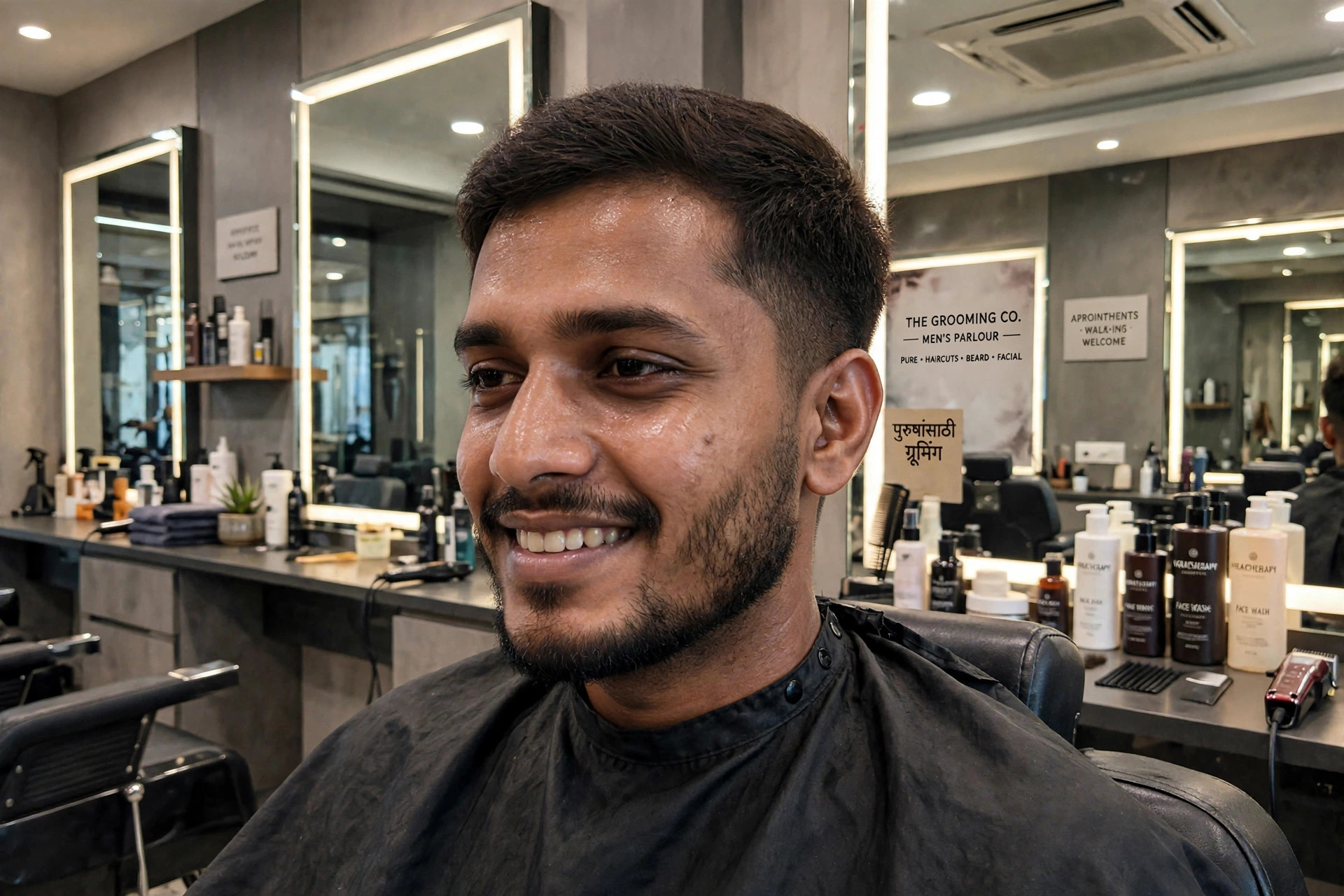 Same man with glowing skin and sharp beard looking fresh after grooming