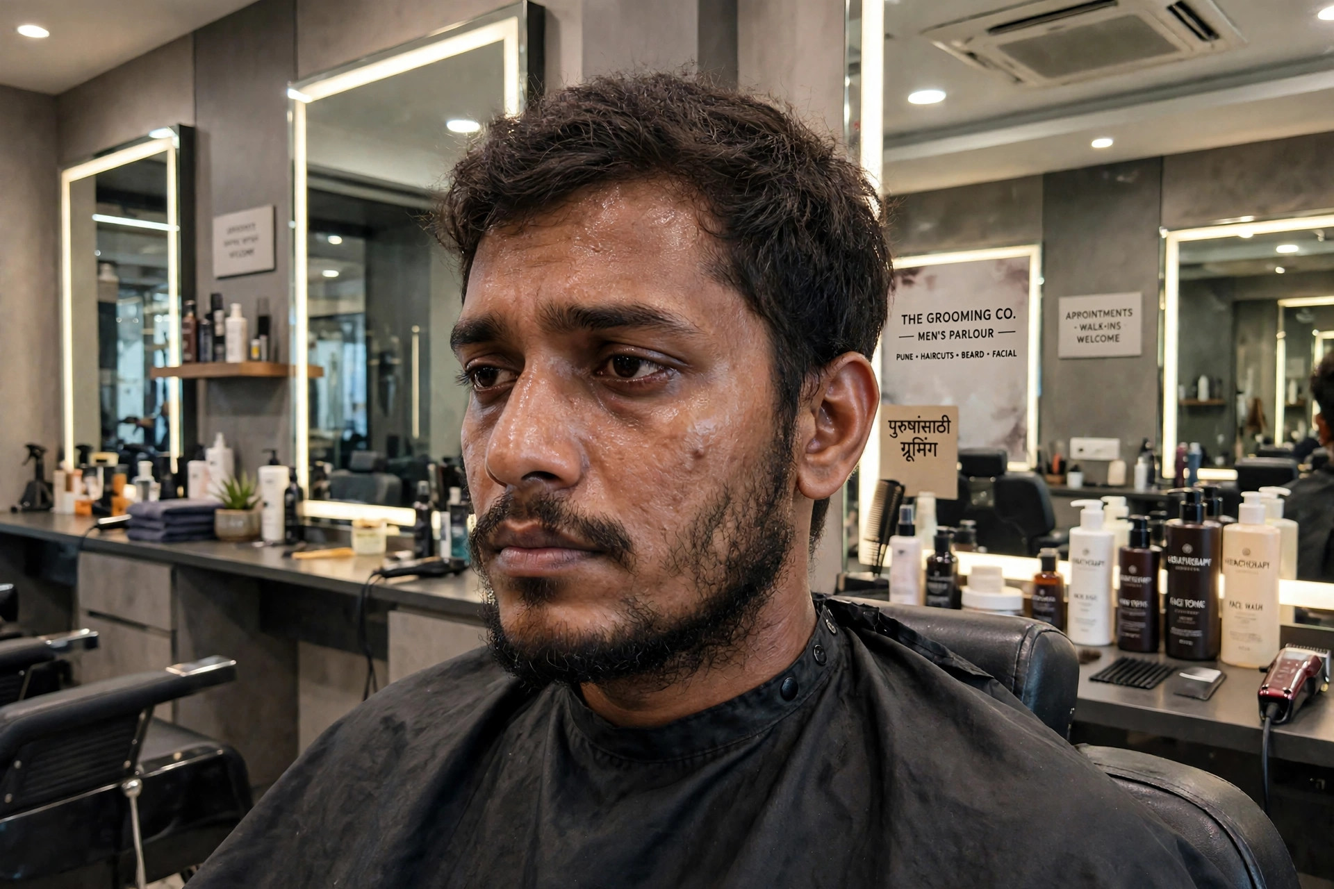 Man with dull skin and uneven beard looking tired before grooming